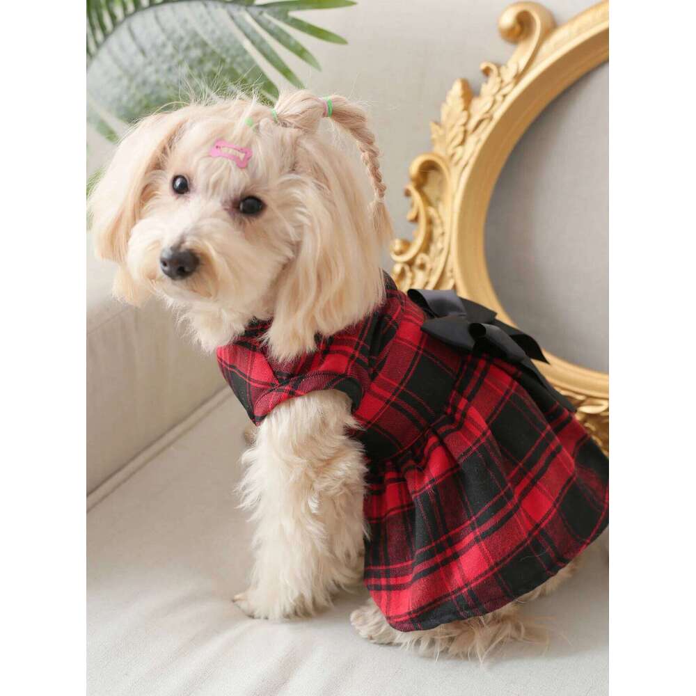 British-Style Large-Checkered & A Red Bow Dress Suitable For Wearing At Parties And Christmas Celebrations Pet Supplies - view 3