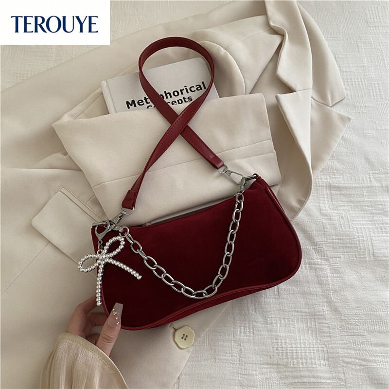 TEROUYE Korean suede niche design chain handbag autumn and winter new women's armpit bag fashionable and simple design bow