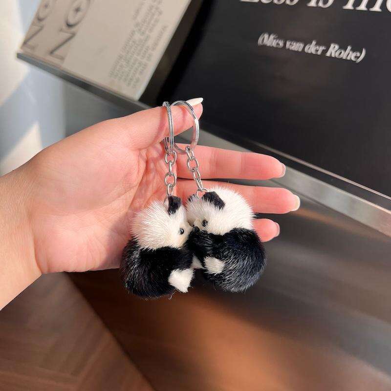 Cute Real Mink Fur Little Panda Car Keychain Pendant Plush Doll Backpack Decoration Small Gift S260126 2aa