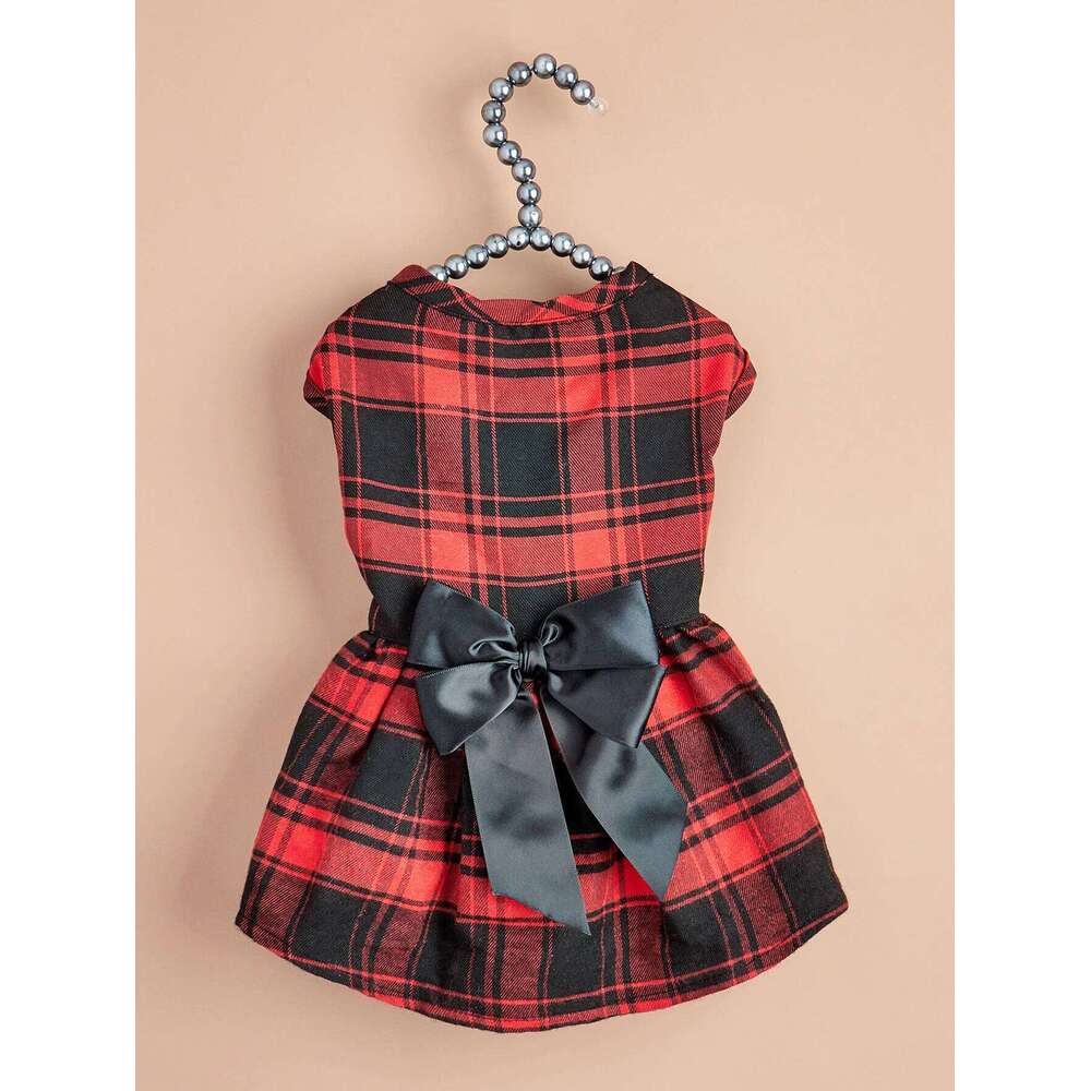 British-Style Large-Checkered & A Red Bow Dress Suitable For Wearing At Parties And Christmas Celebrations Pet Supplies - view 4