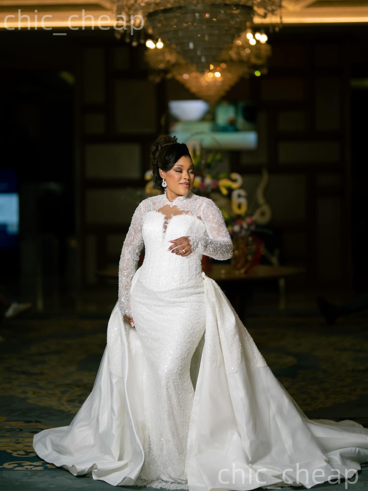 African Aso Ebi 2026 Ivory Mermaid Wedding Dress High Neck Full Sleeves Beaded Lace Detachable Train Vintage Charming Bridal Gowns Dresses ZJ235