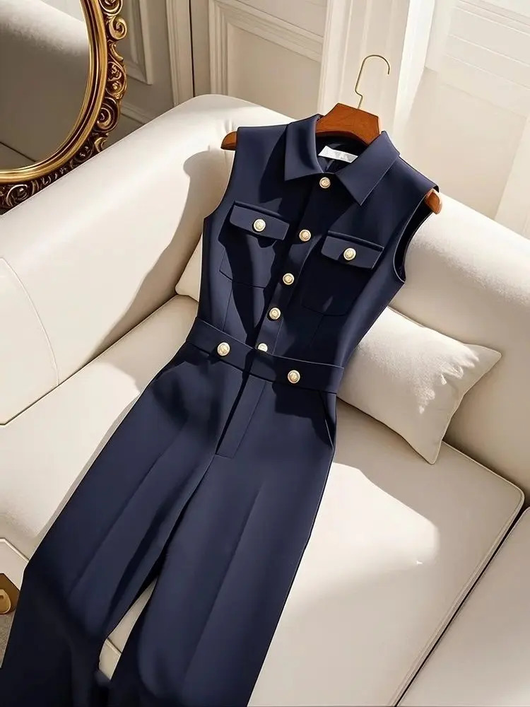 Frence Retro Polo Collar Single Breasted Pockets Navy Blue Jumpsuits Fashion Office Lady All match Summer Long Jumpsuit Elegant 260124 - view 4