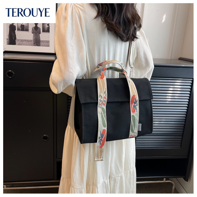 TEROUYE autumn and winter bag new large capacity women's canvas bag, fashionable and simple floral broadband handbag, women's shoulder bag,
