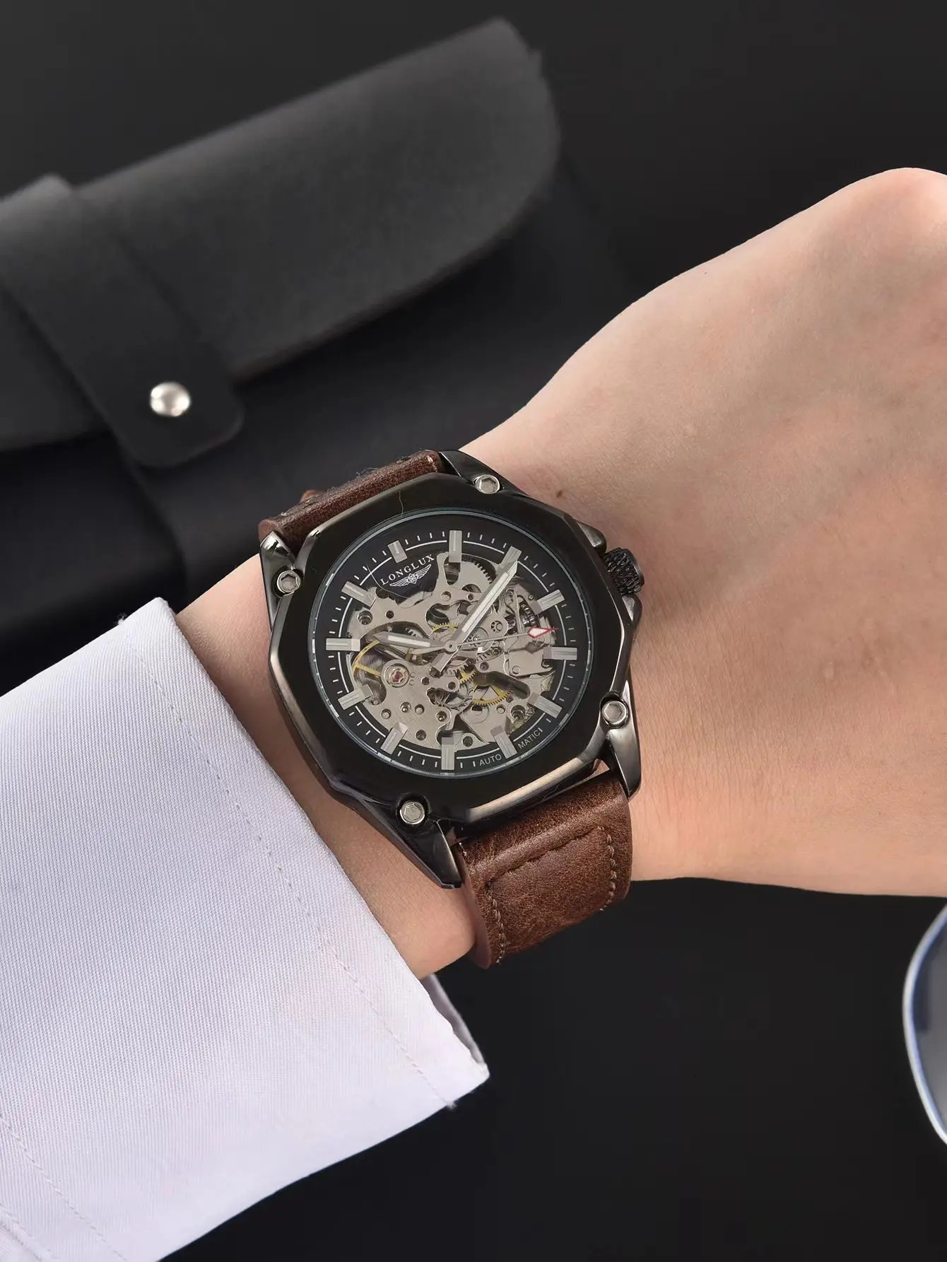 LONGLUX automatic watch sport style wholesale mechanical wristwatches fashion hollow leather mens watch men gift 260120