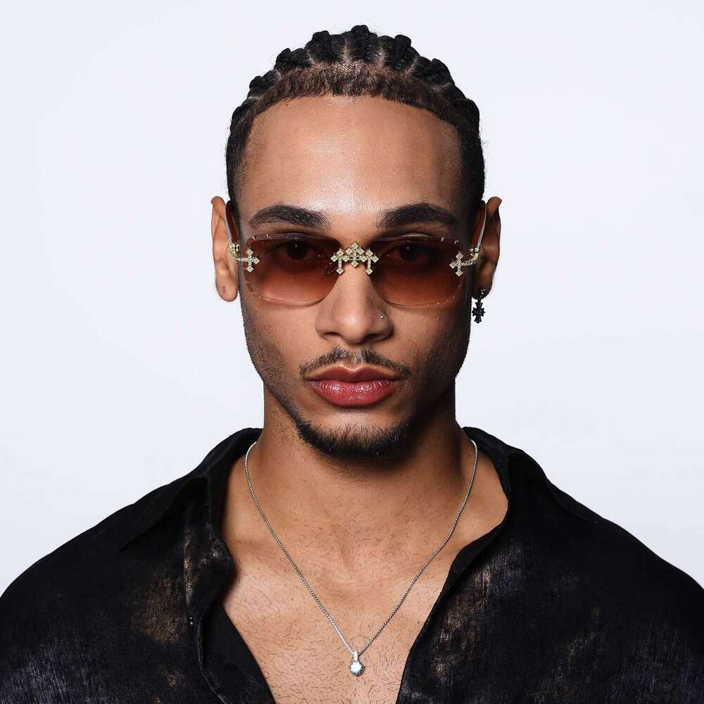 Sunglasses Old Money Style Frameless Cross Design with Cubic Zirconia Accents Heavy Craft Cut Edge and Wood Grain Temples for Driving and Daily Wear H