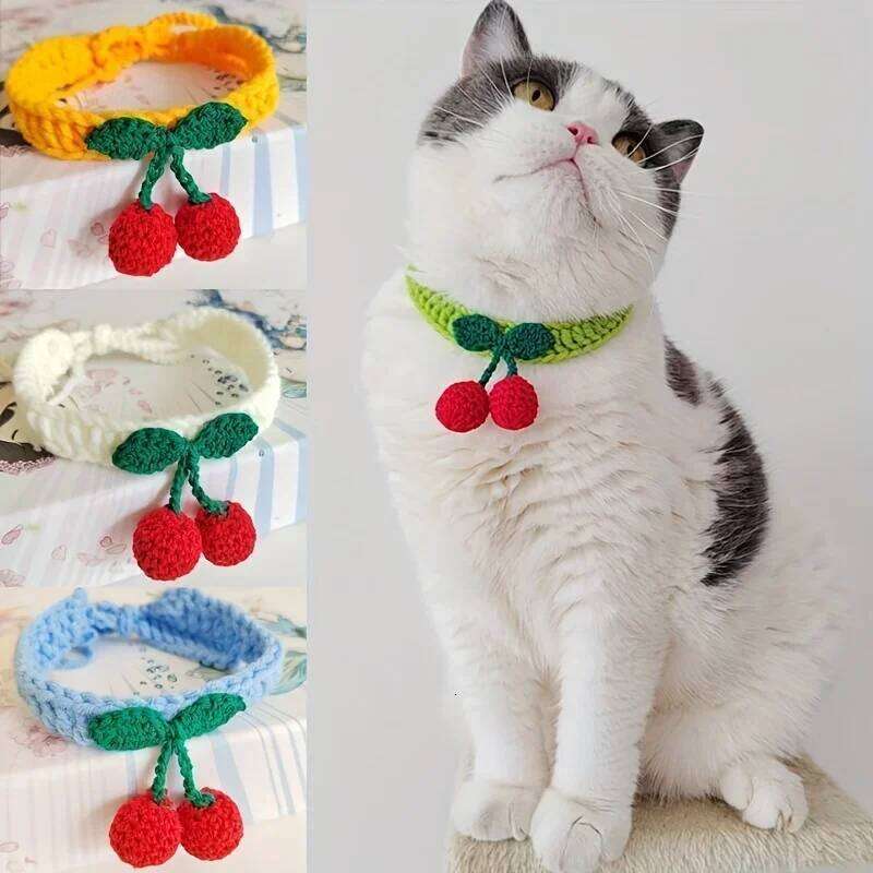 Hand-woven Pet Collars, Adorned With Cherries, Cute Necklaces, Cat Supplies, And Cat Accessories