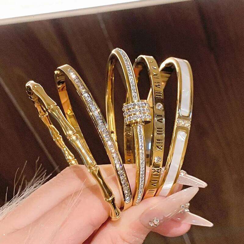 Stainless Bracelet,Inlaid Steel Bracelet, Fashionable 1pc Style, 10 Gold Classic Titanium With Zircon,For Womens Daily Wear XJ260127 Bracelet, Style, 