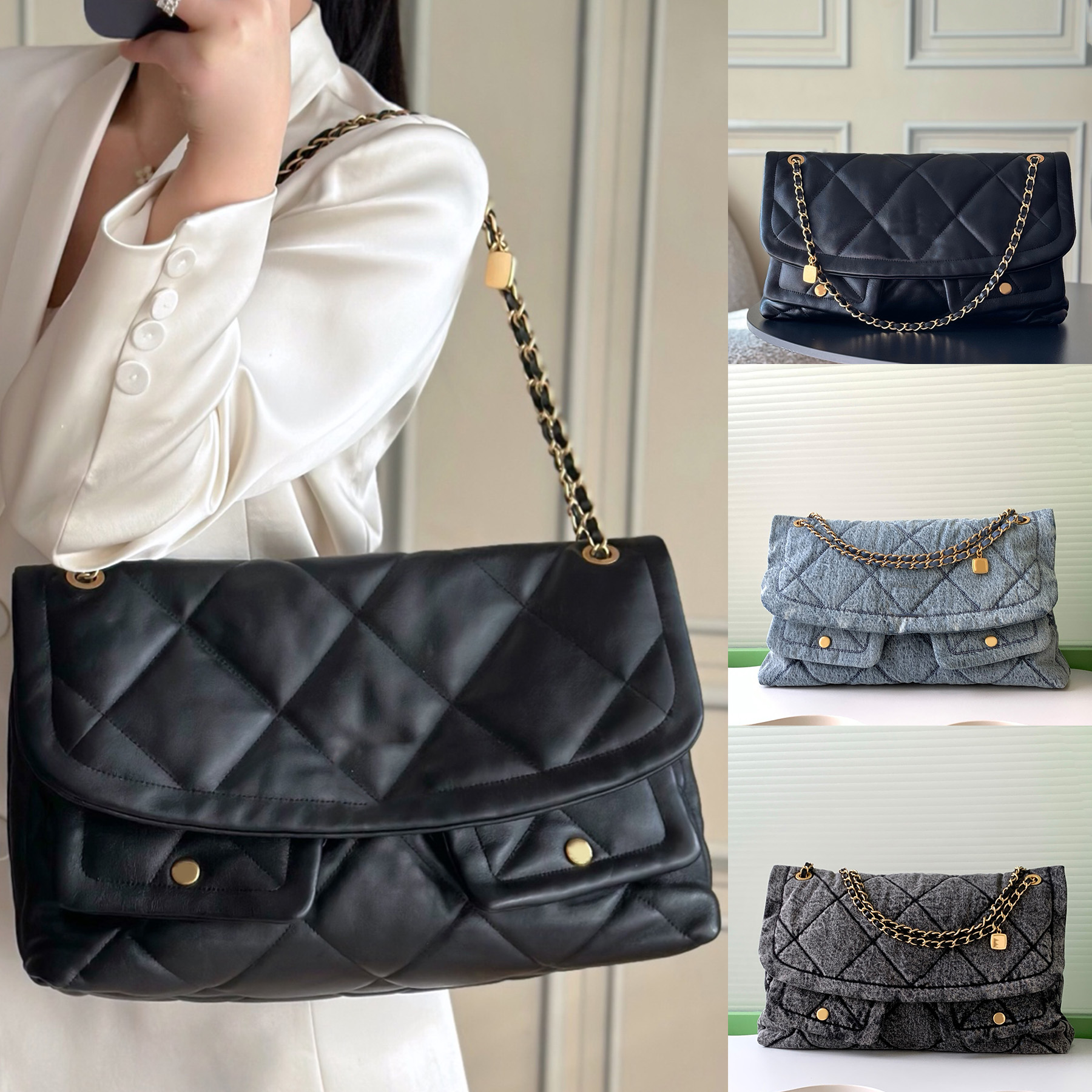 New 10A Maxi Flap Bag Luxury Designer Soft Genuine Leather Shoulder Bag Golden Hardware Crossbody Bag Zipper Pocket Handbag Fashion Women Casual Shopping Tote Bag