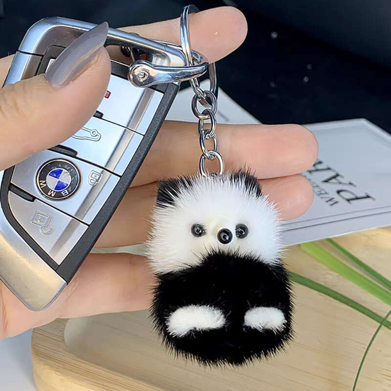 Cute Real Mink Fur Little Panda Car Keychain Pendant Plush Doll Backpack Decoration Small Gift S260126 00a