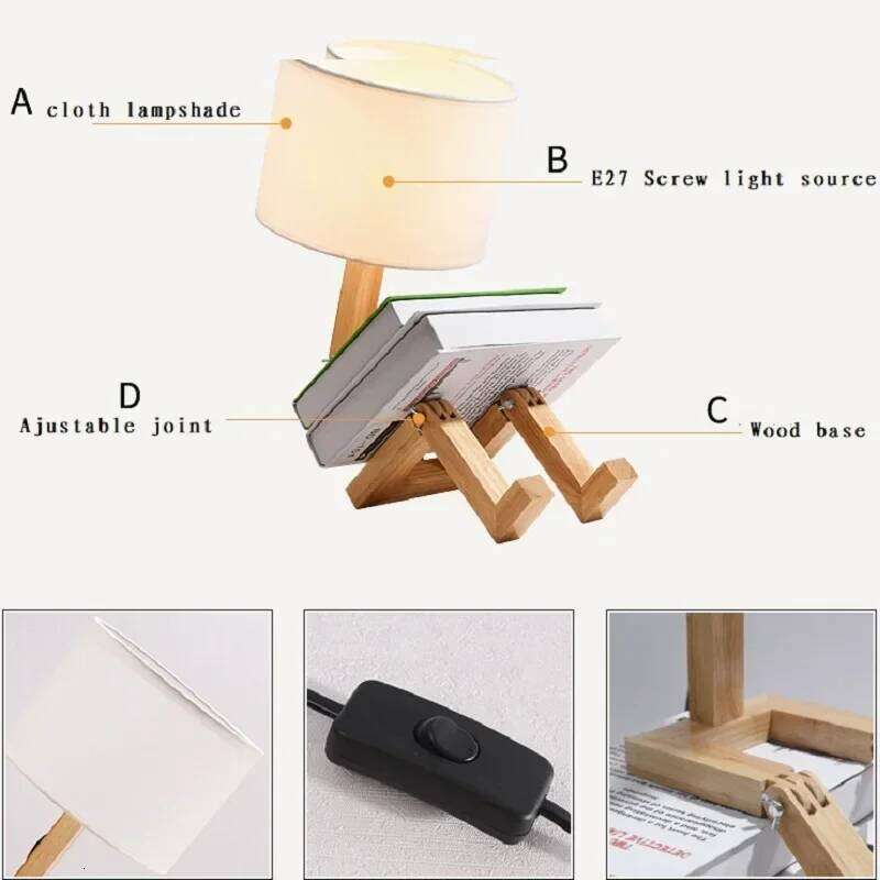 Adjusted Robot Shape Table E27 Wooden Fabric Bedroom Lamp Fold-able Desk Light for Living Study Room Drop Shipping Z260127