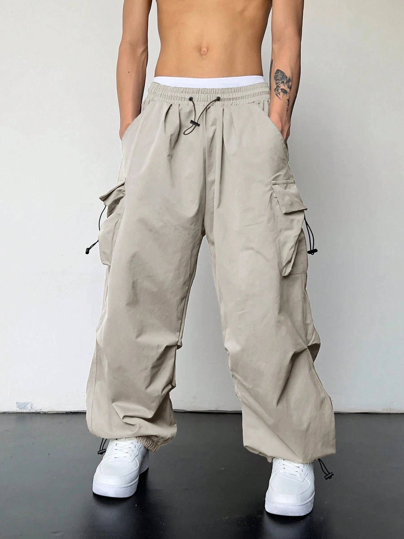 Mens Parachute Cargo Pants Adjustable Cuffs Roomy Pockets Edgy Streetwear 260127