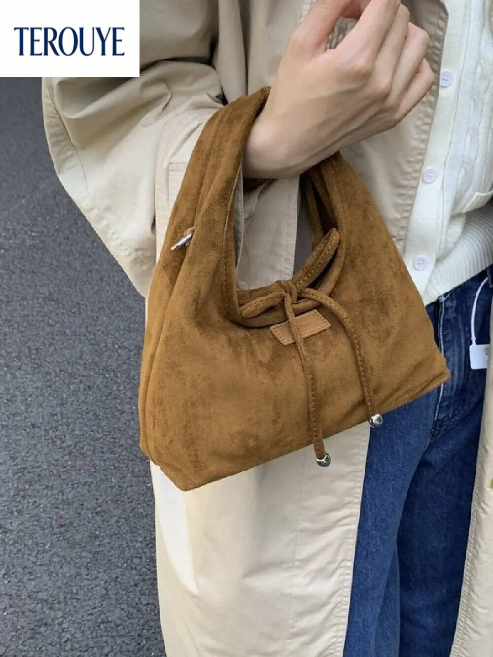 TEROUYE Korean style niche suede design bow handbag autumn and winter new retro luxury armpit bag women's shoulder bag fashion trend