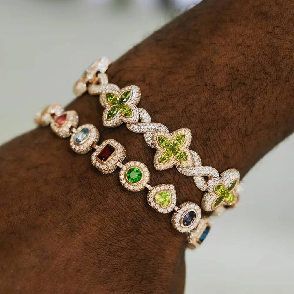 Popular Clover Bracelet Hip Hop Jewelry 925 Sterling Silver Gold Plated Men Bracelet Four Leaf Clover Moissanite Cuban Bracelet