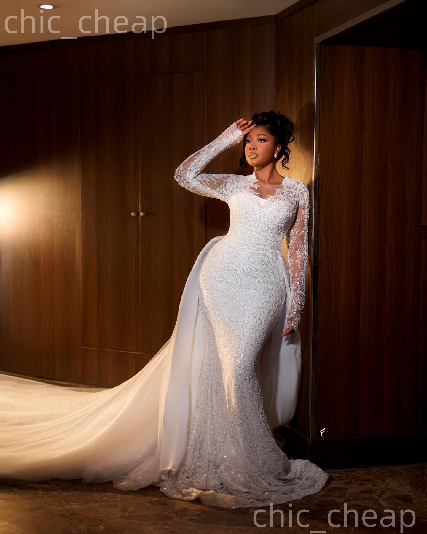 African Aso Ebi 2026 Ivory Mermaid Wedding Dress Sheer Neck Full Sleeves Sequined Detachable Train Gorgeous Vintage Bridal Gowns Dresses ZJ237
