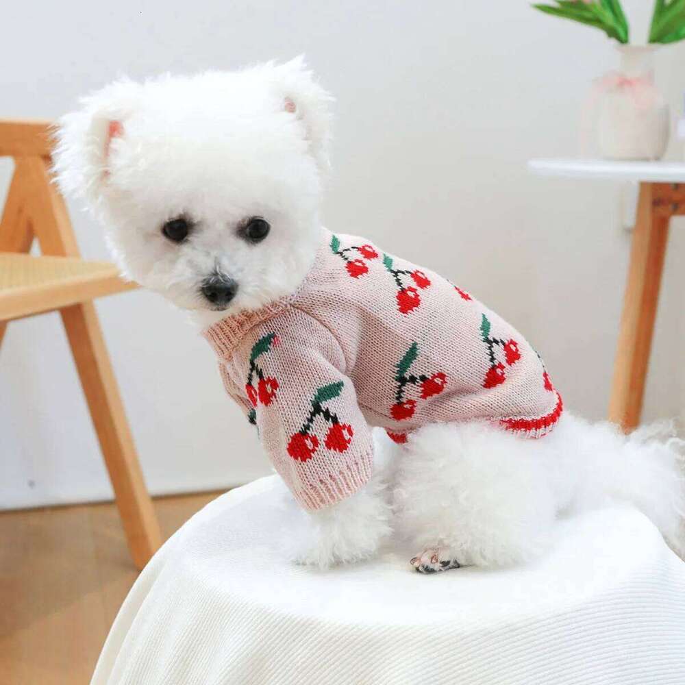 1Pc Pet Clothes Dog Cat Thickened Warm Winter Autumn Pink Cherry Elastic Jumper Knitted Sweater