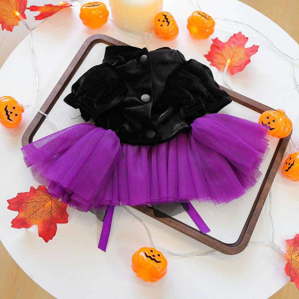 Halloween Pet Clothes Dog Cat Autumn Black Purple Velvet Traction Button Dress XJ260127
