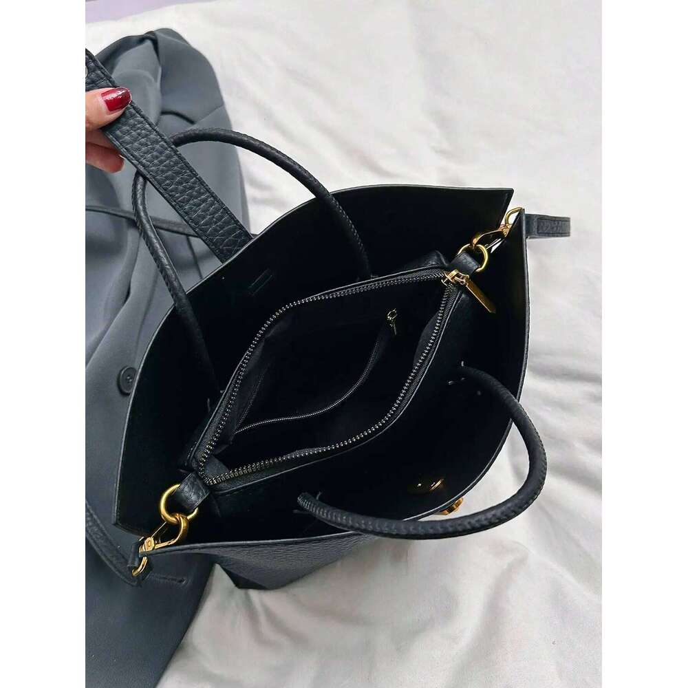 Black Lychee Pattern Handbag Crossbody Single Shoulder Mother-Daughter Bag Set Fashionable Women's Accessory