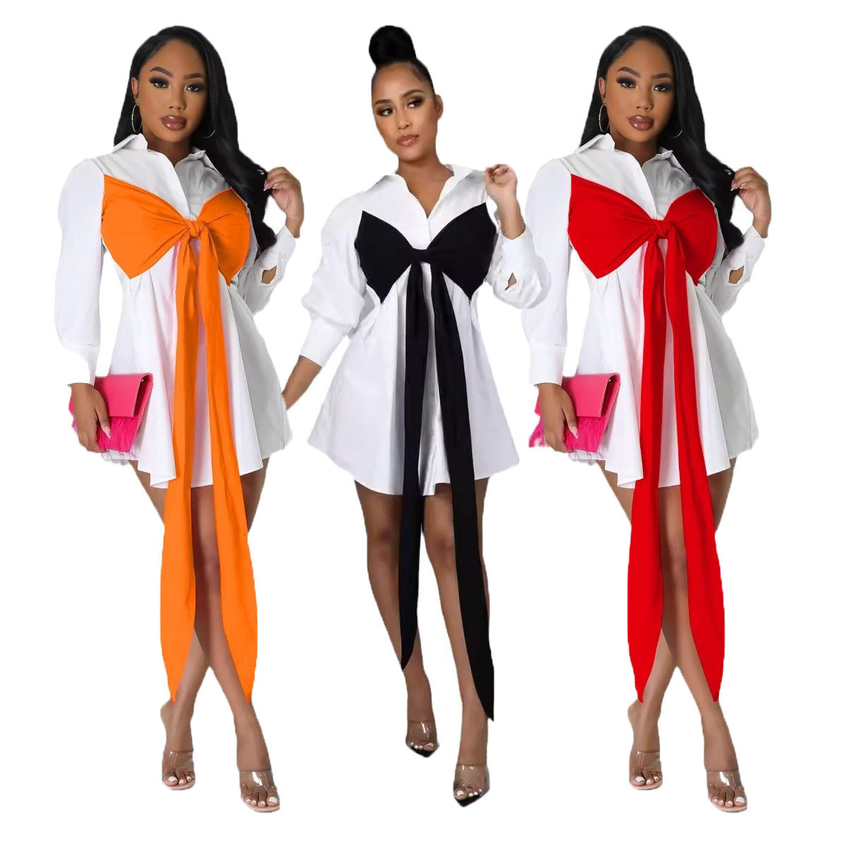 Plus Size Autumn Mini Shirts Dress Women Bow Fashion Patchwork Long Sleeve Ladies Dresses Pleated Ruffle Office Woman Dress 240806