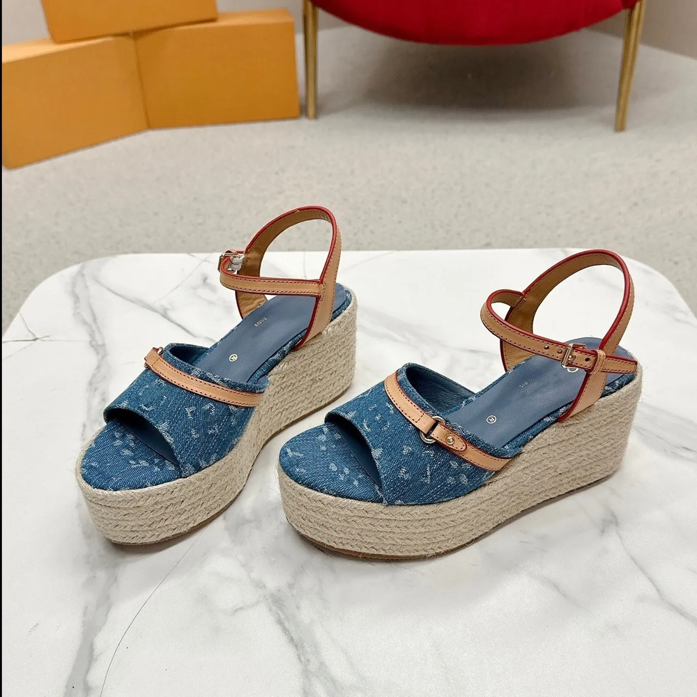 Sac Summer Women Wedge Pink Bow Denim Sandal Luxury Mule Flat Shoe Designer Color Sandale Cherry Blossoms Slide Murakami High Heel Slipper Leather Beach Pool 6