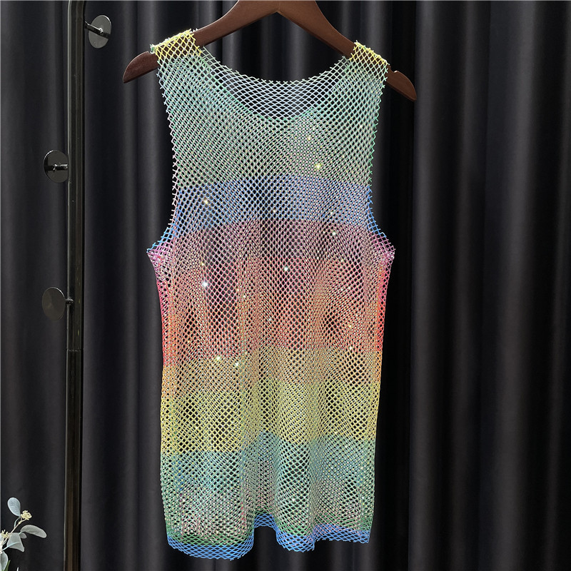 Stage Wear Women's Rhinestone Rainbow Hollow Out Mesh Vest Spring Summer Sheer See Through Casual Top