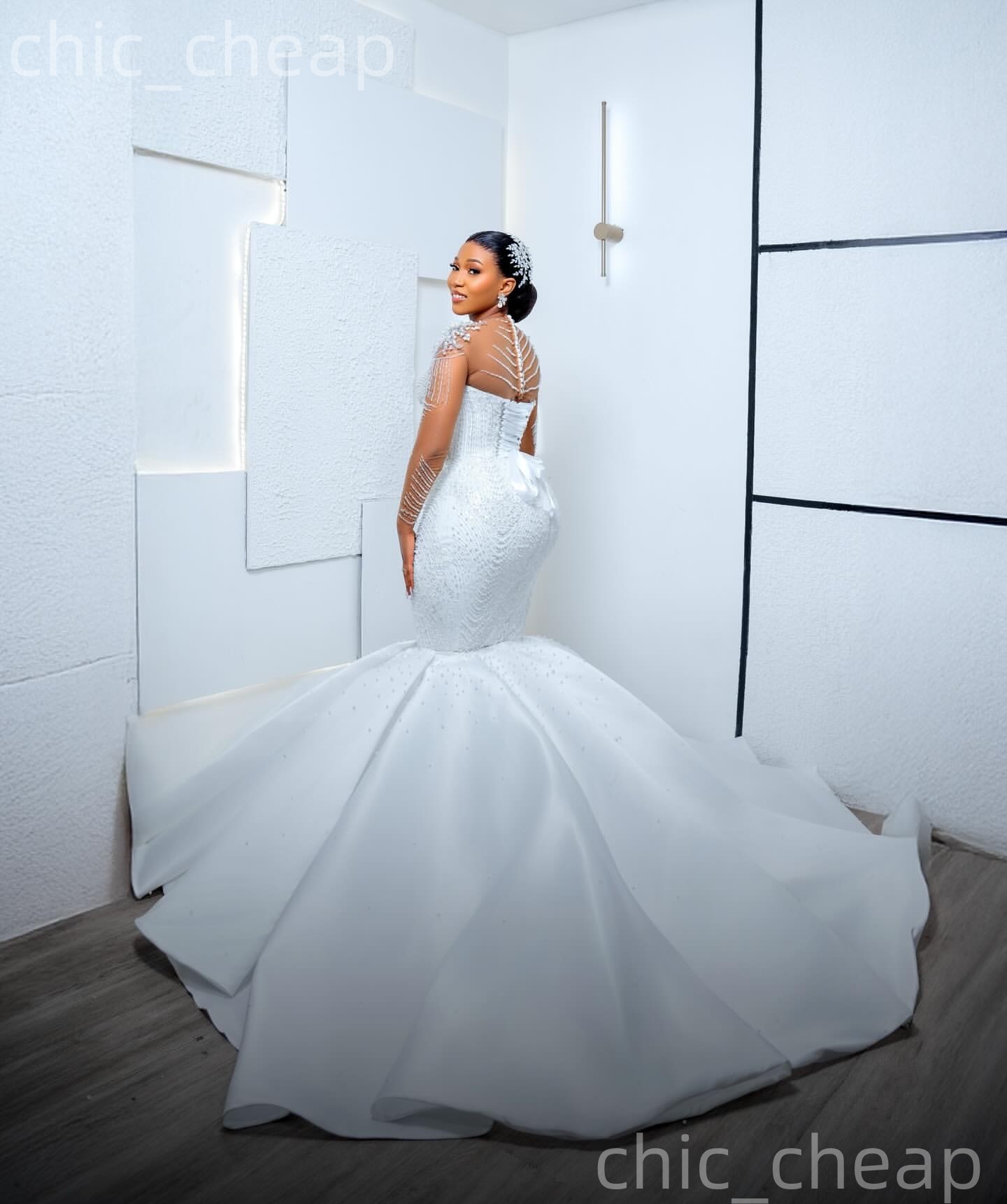 African Aso Ebi 2026 Ivory Mermaid Wedding Dress Full Sleeves Beaded Crystals Sequined Satin Detachable Train Bridal Gowns Dresses ZJ234