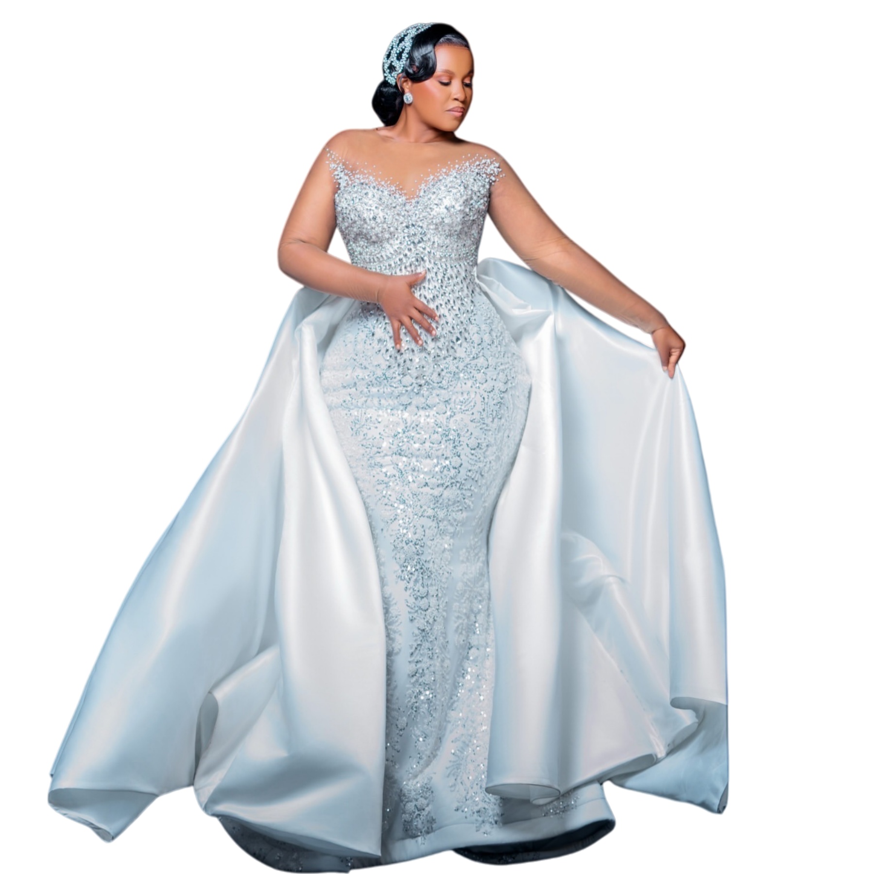 African Aso Ebi 2026 Ivory Mermaid Wedding Dress Beaded Crystals Sheer Neck Sequined Satin Detachable Train Elegant Bridal Gowns Dresses ZJ231