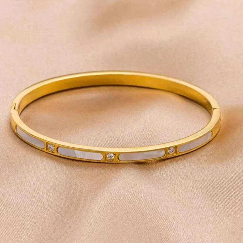 Luxury Natural Shell With Zircon Bracelets & Bangle Stainless Steel for Woman's Jewelry Gold Color Wristband Gift XJ260127