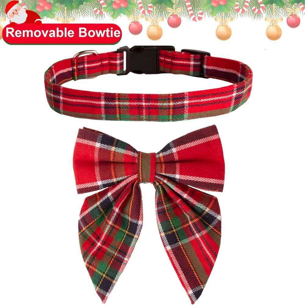 Bow Collar Adjustable & with Cotton Red Green Plaid Bowtie Dog Christmas Collars for Small Medium Large Dogs Pets pet supplies