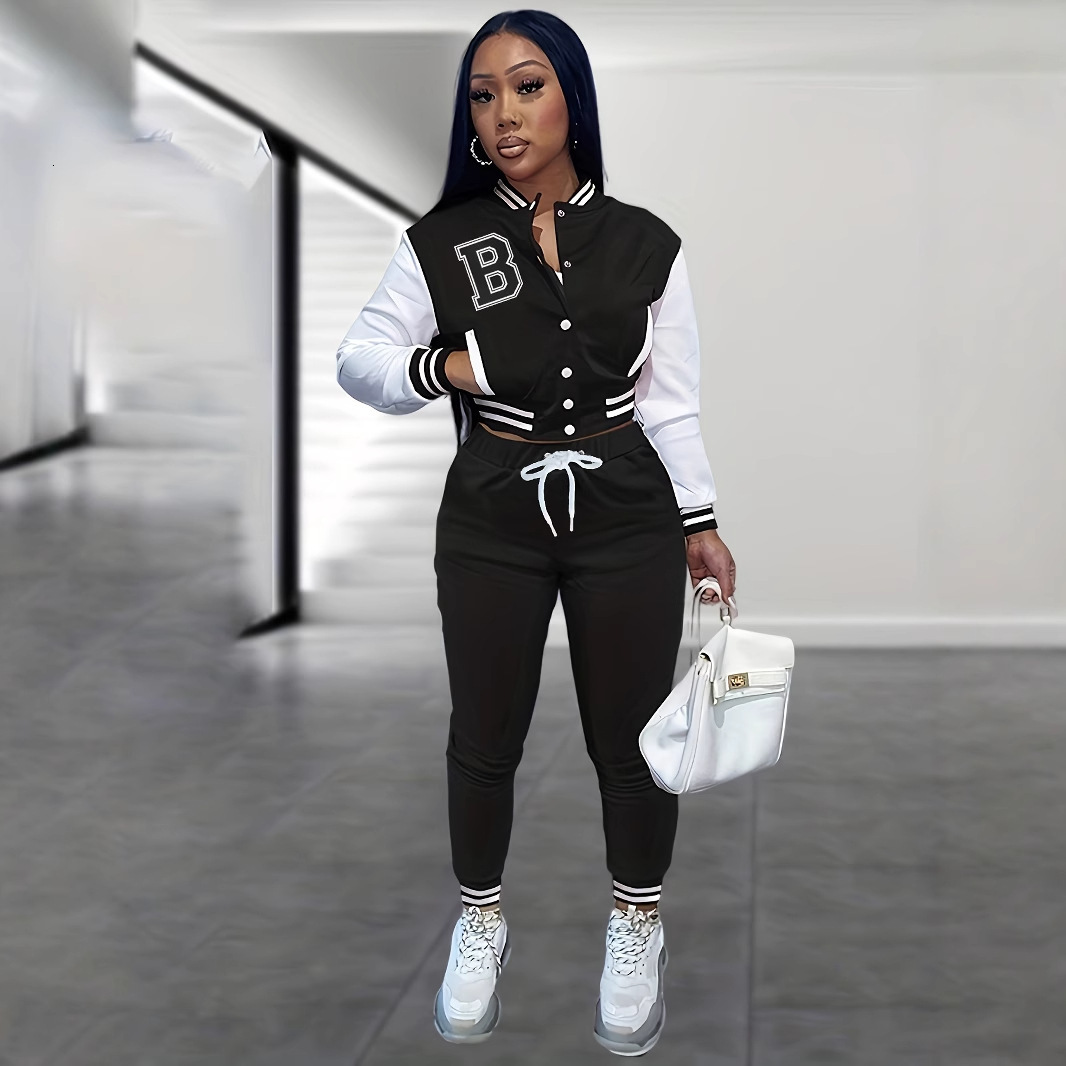 Red Embroidered Letter Coat Short Bomber Jackets Patchwork Contrast Mini Black Skirt Sets Autumn Casual 2piece Tracksuits 240815