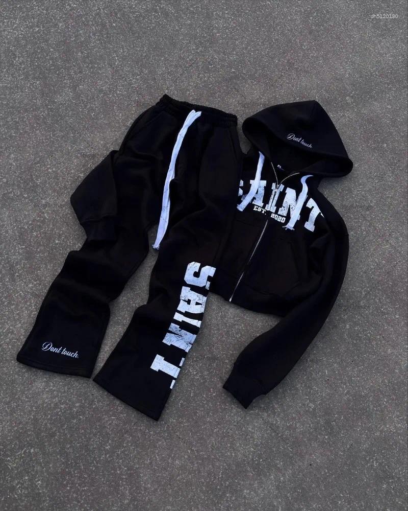 Men's Tracksuits High Street Trendy Retro Letter Print Sportswear Set Hip-Hop Punk Streetwear Hoodie Women Harajuku Casual Loose Sweatpants