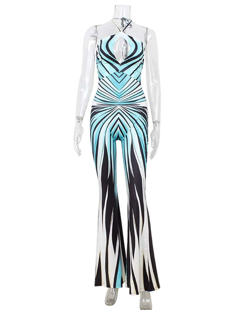 Ahagaga Fashion Printed Women Jumpsuits Halter Bandage Hollow Out Striped Skinny Flare Pants Sexy Streetwear Rompers Female 260124 - view 7