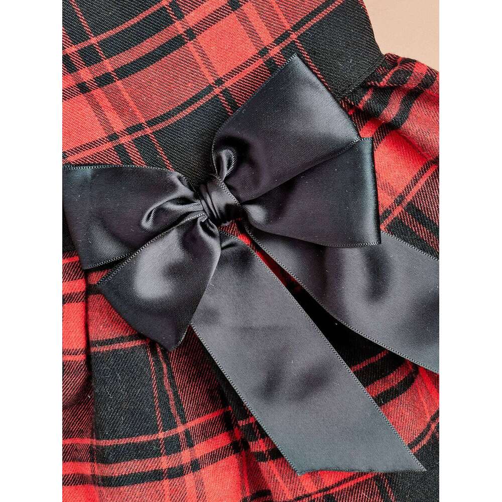 British-Style Large-Checkered & A Red Bow Dress Suitable For Wearing At Parties And Christmas Celebrations Pet Supplies - view 6