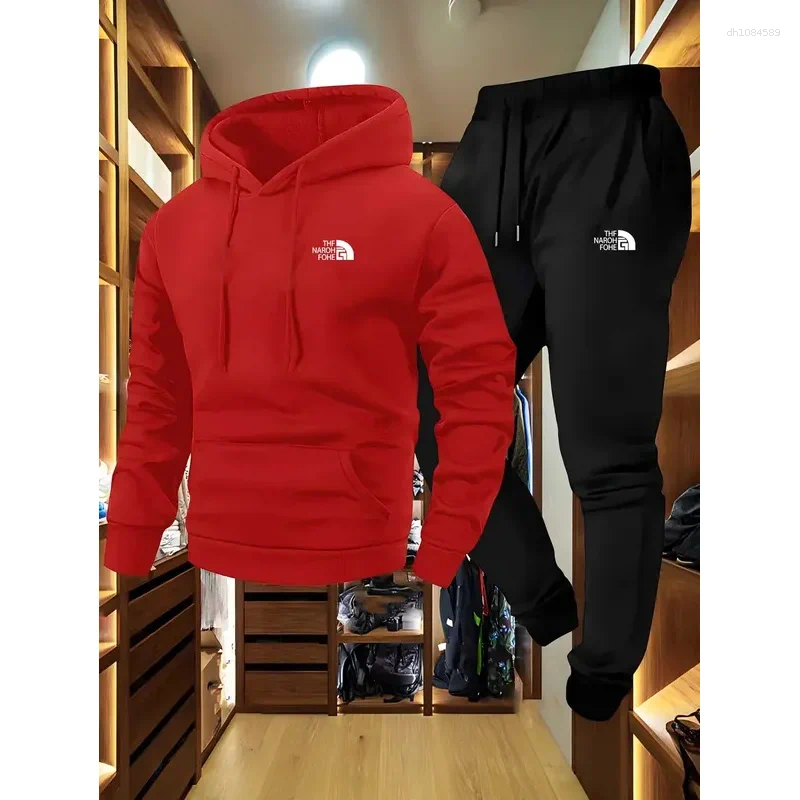 Men's Tracksuits Autumn And Winter Pattern Casual Two-Piece Set Hooded Sweatshirt Pants With Pockets Regular Fit Outdoor Sport Suit