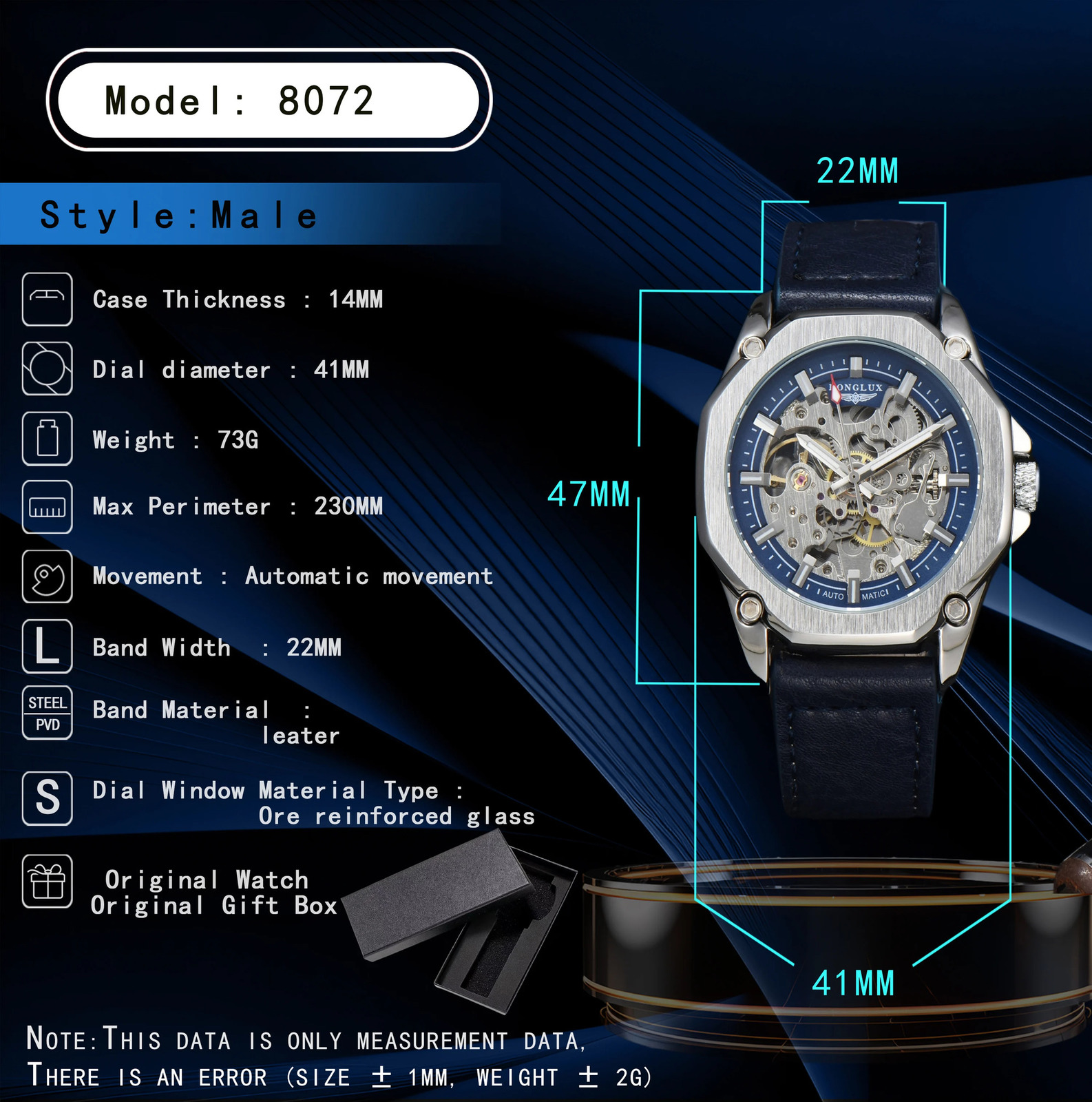 LONGLUX automatic watch sport style wholesale mechanical wristwatches fashion hollow leather mens watch men gift 260120