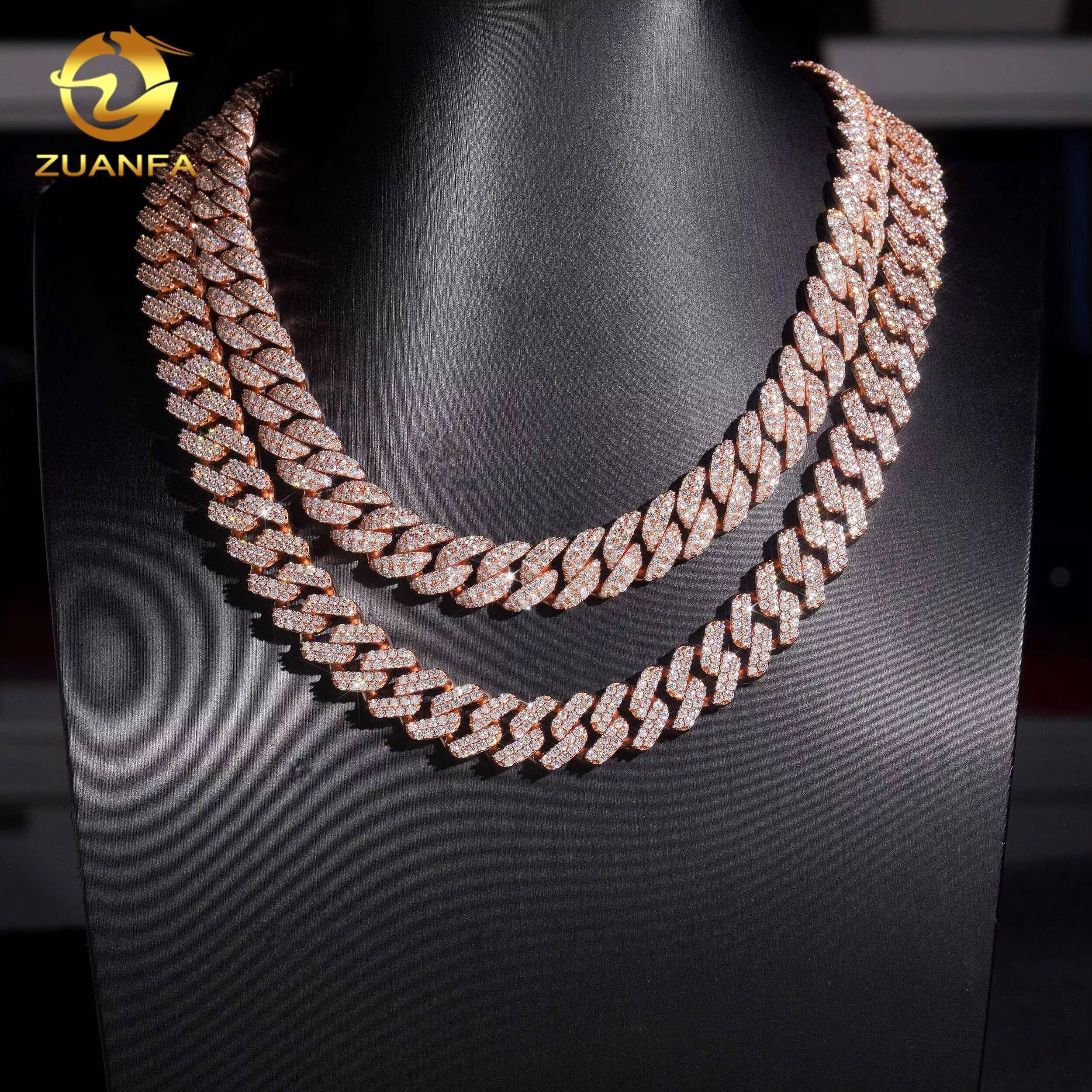 12mm Rose Gold 925 Silver Iced Out Jewelry Bracelet VVS D Moissanite Diamond Hip Hop Cuban Link Chain Necklace GRA Certificate