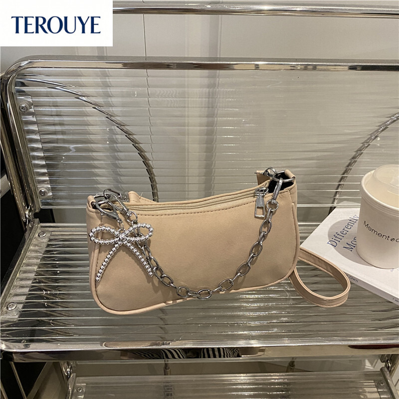 TEROUYE Korean suede niche design chain handbag autumn and winter new women's armpit bag fashionable and simple design bow