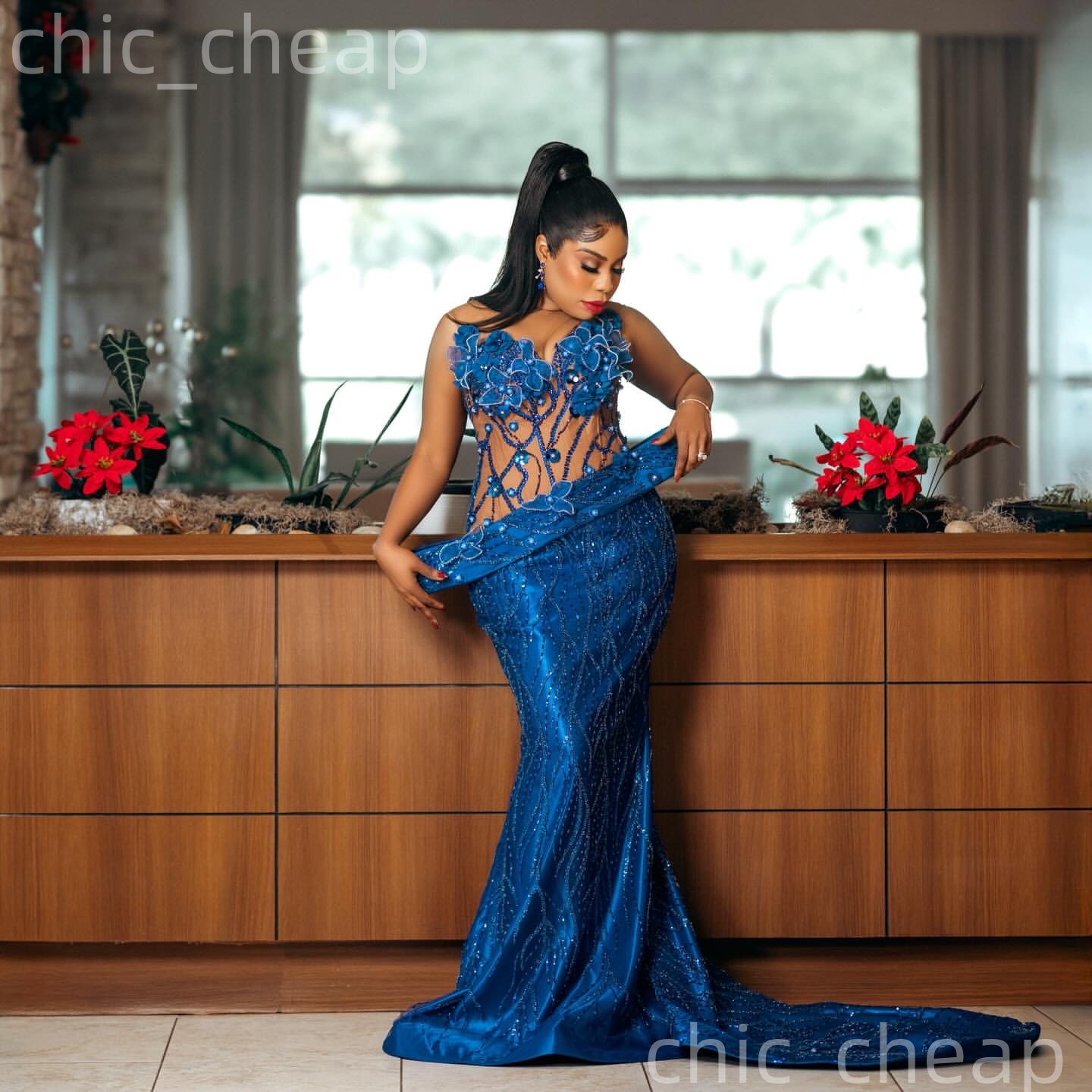 Aso Ebi Royal Blue Mermaid Prom Dresses 2026 Flowers Beaded Illusion Sequined Evening Formal Party Second Birthday Engagement Gowns Dress For Special 