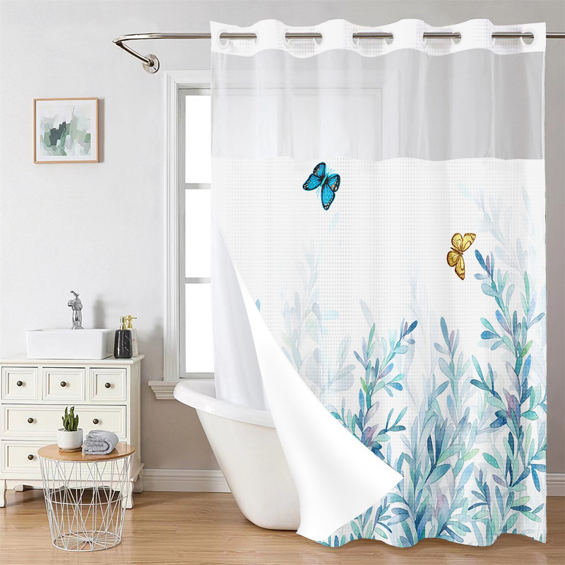 YL-38236 Hot Selling Digital Printed Double-Layer Large Ring Polyester Shower Curtain: Waterproof, Mildew-Proof, Floral Plant Bathroom Curtain