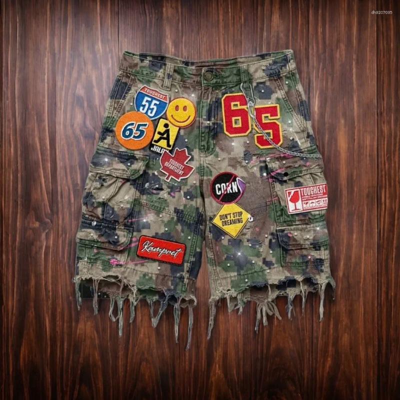 Men's Shorts Retro Diamonds Patch Embroid Denim Goth Baggy Short Jeans Harajuku Cargo Pants Streetwear High Waist Wide Leg