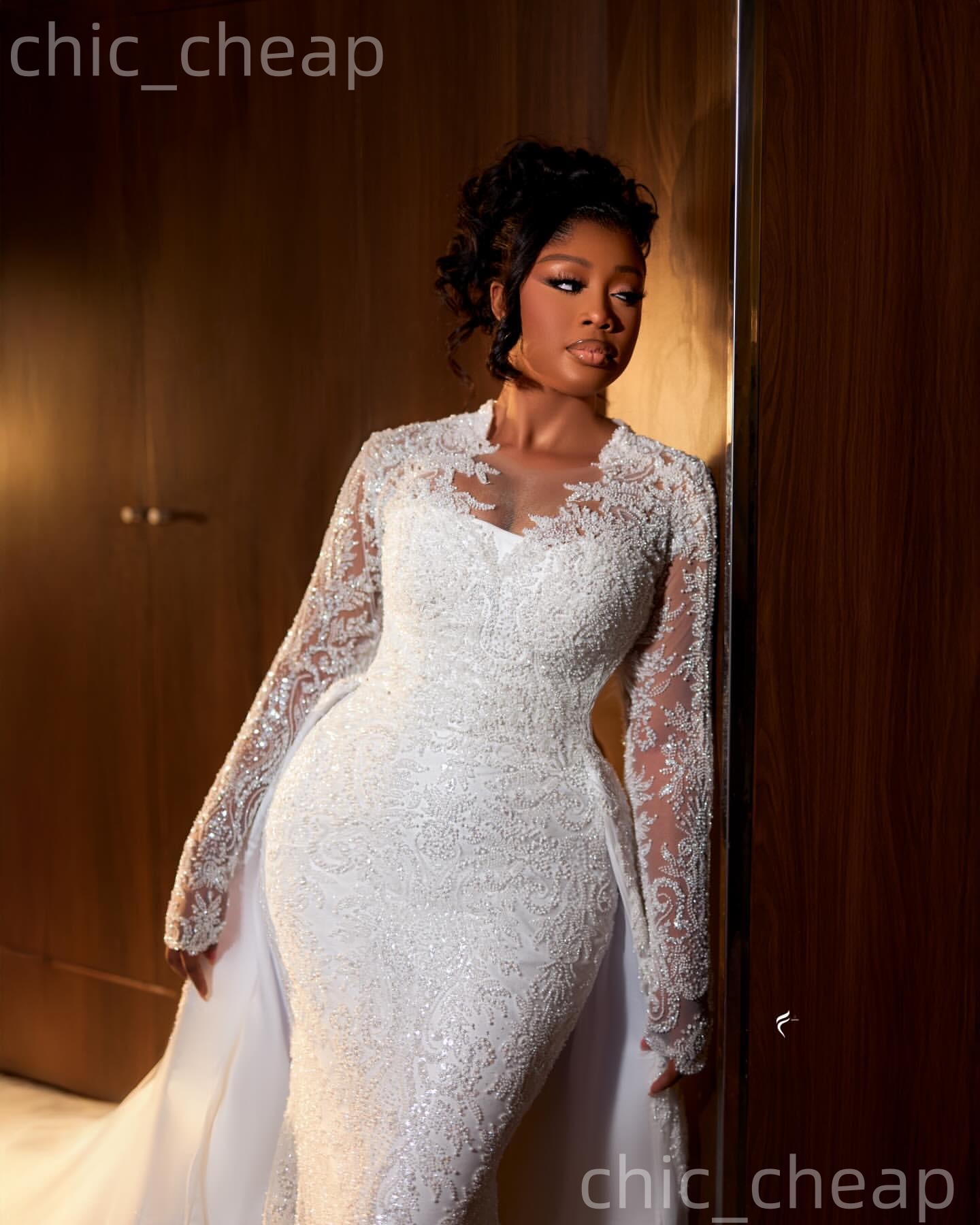 African Aso Ebi 2026 Ivory Mermaid Wedding Dress Sheer Neck Full Sleeves Sequined Detachable Train Gorgeous Vintage Bridal Gowns Dresses ZJ237