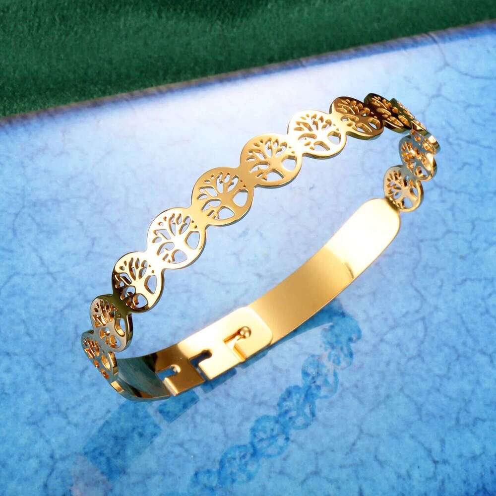 Stainless Steel Tree of Life 162 Bangle Bracelet Golden Plated Adjustable Open Cuff Jewelry Hypoallergenic Gift for Her Women XJ260127