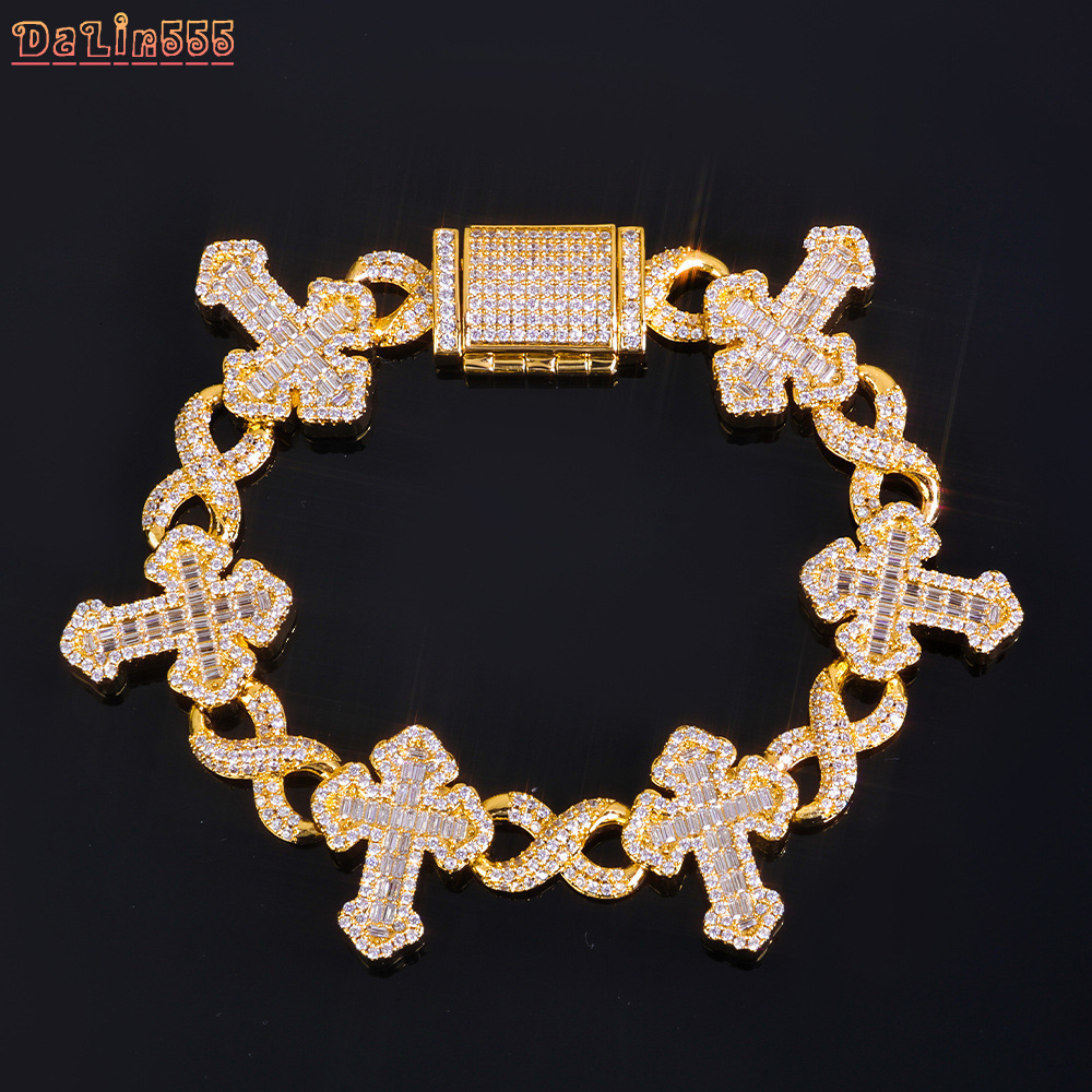 Fine Jewelry 15MM Iced Out Chain Gold Plated Flip Lock Cross 8 Character Infinity Charm Bling CZ Bracelet