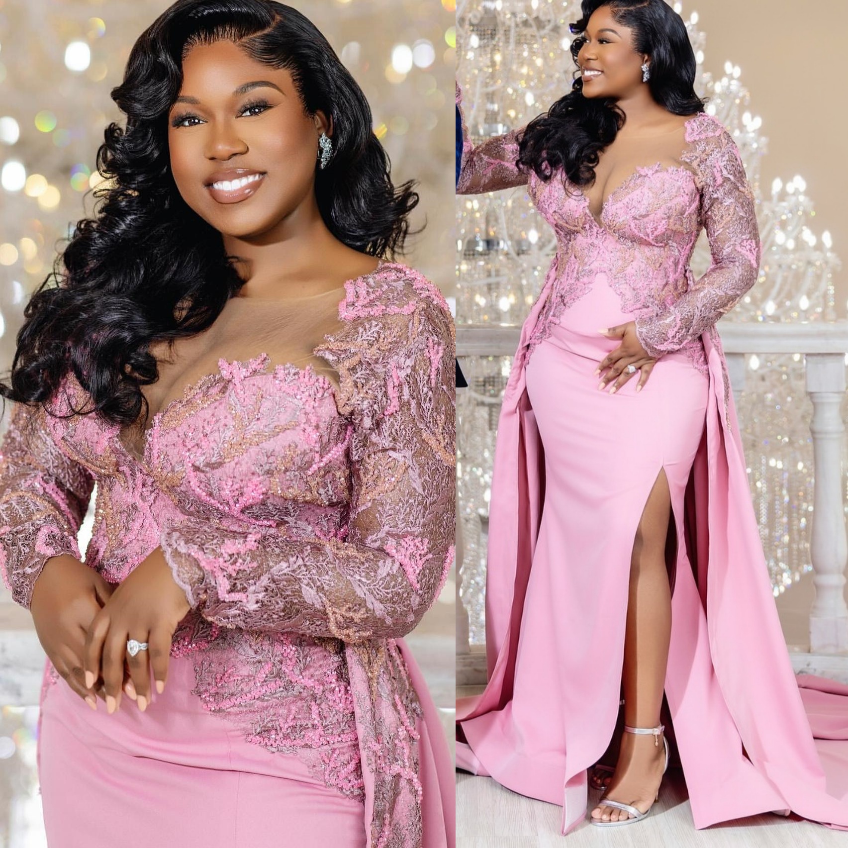 Aso Ebi Pink Mermaid Prom Dresses 2026 Lace Beaded Satin Detachable Train Evening Formal Party Second Birthday Engagement Gowns Dress For Special Occa