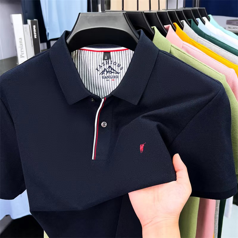 mens polo mercerized longsleeved shortsleeved polo shirt embroidered logo design business casual lapel striped lapel tshirt