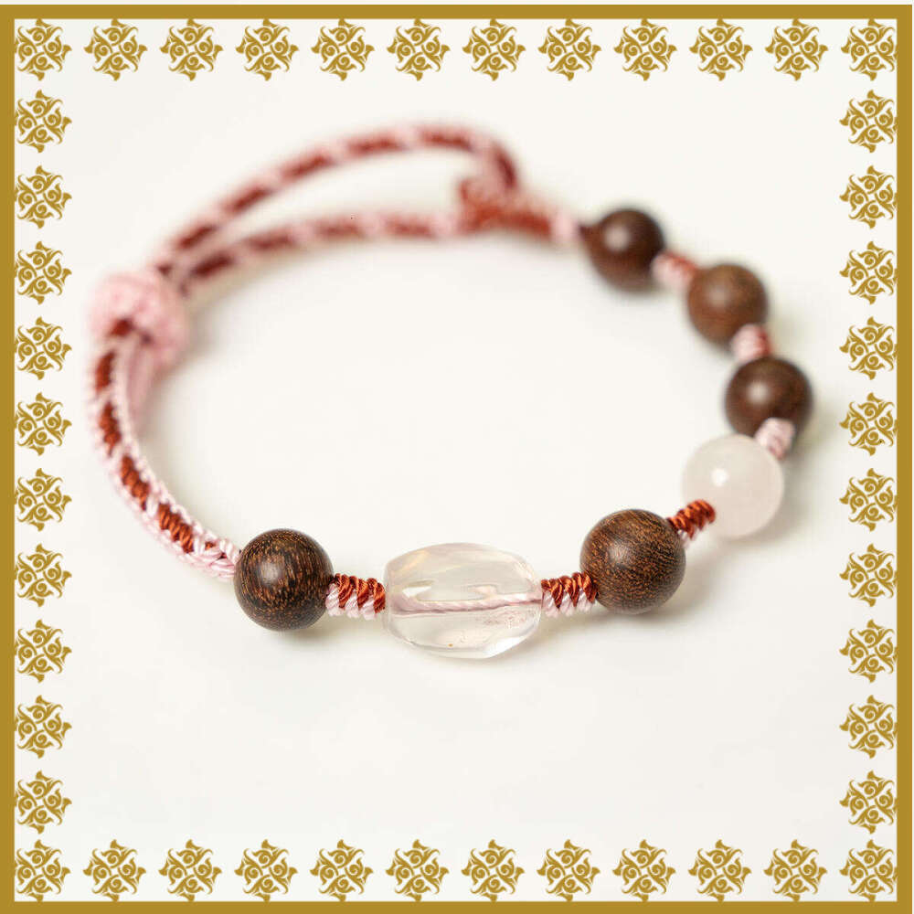 Dunhuang "Crimson Silhouette" Rose Quartz & Sandalwood Cord - Pink Crystal Wooden Bead Bracelet for Gentle Love & Grounding