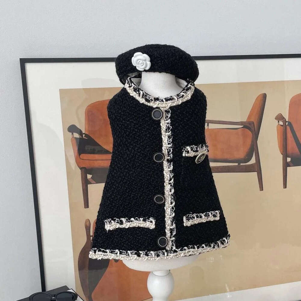High End Elegant Girl Coat Tweed Luxury Coco Styles Winter Autumn Pet Jacket Female Dog Small Puppy Dresses Suit With Hats