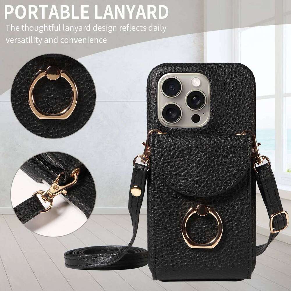 High Quality Ring Stand Lychee Pattern Phone Case for IPhone16promax15 14 13 Crossbody with Lanyard PU Leather Anti-fall Cover 26H0127