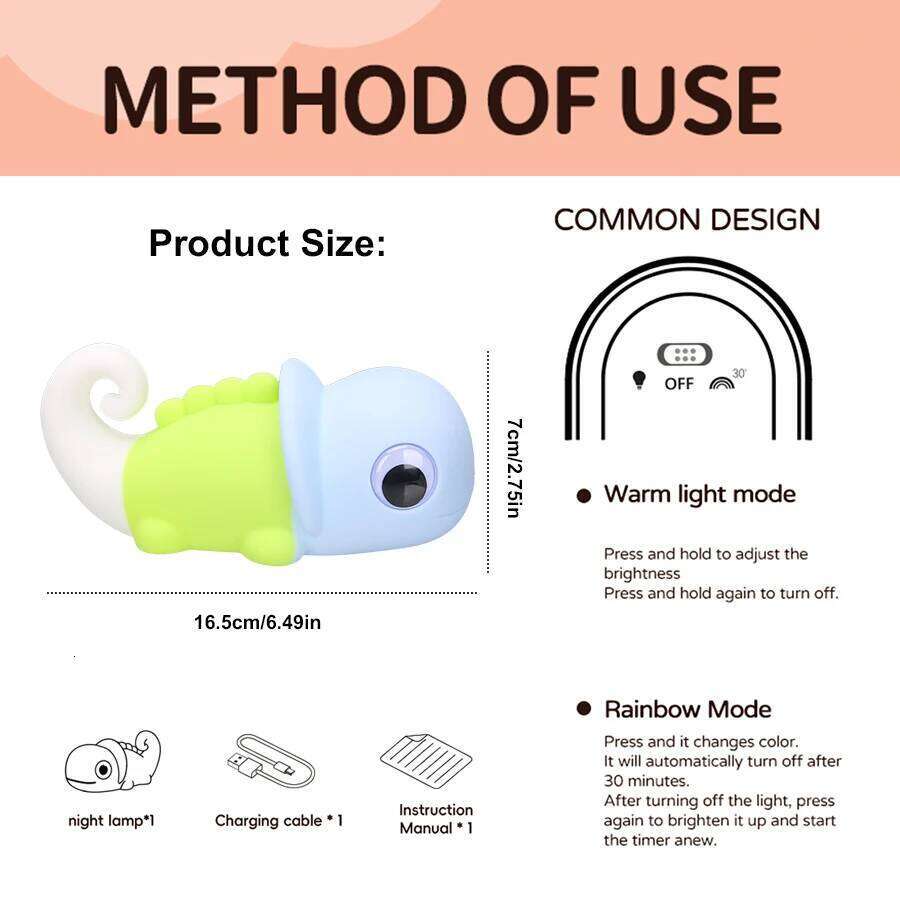 Chameleon Silicone Night Light Soft Nursery Nightlight,Rechargeable Dimmable LED Squishy Novelty Animal Bedside Lamp,Kid Gifts Z260127