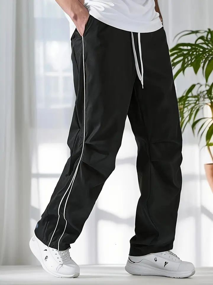 Mens Regular Plain Sports Straight Pants with Drawstrings and Elastic Waistband Reflective Webbing Suitable for Daily Leisure Street Basketball Fitnes