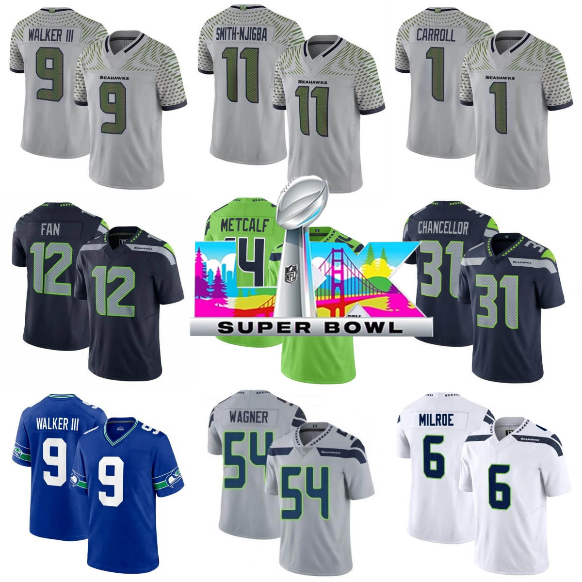 50th Anniversary super bowl LX Patch Grey Zabel Geno Smith Zach Charbonnet 14 Sam Darnold Jaxon Smith-Njigba Devon Witherspoon Cooper Kupp Football Seahawkss